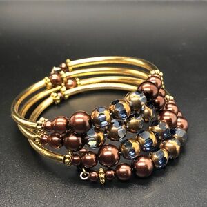 Handcrafted Chocolate Faux Pearl 4 Gold Tone Coil Strand Wrap Bracelet